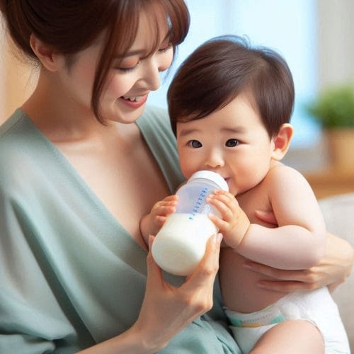 귀여운 남자아기가 엄마 품에 안겨 분유를 먹는 모습