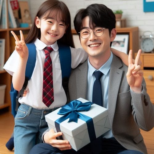 아빠에게 선물받은 초등학생 여자아이