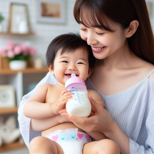 엄마품에 안겨 분유 먹는 아기