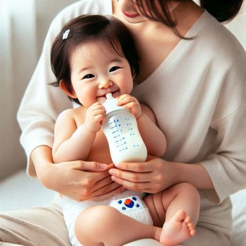 엄마 품에 안겨 분유를 먹는 여자 아기