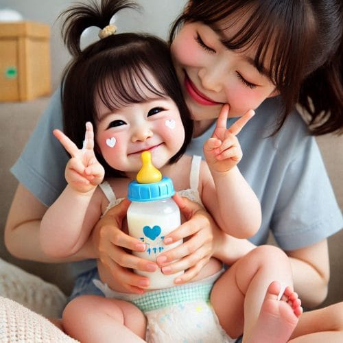 엄마 품에 안겨 브이를 하는 여자 아기