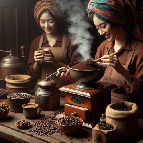커피공을 볶고 갈고 있는 여성
