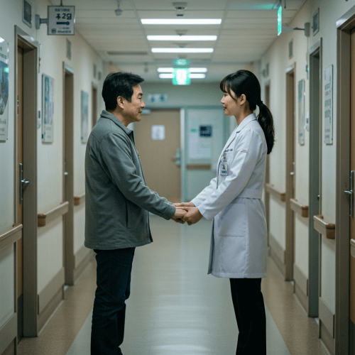 내 몸을 지키는 소중한 정보! 췌장암, 우리가 꼭 알아야 할 모든 것 (원인, 증상부터 최신 치료까지 꼼꼼하게!) 5 환자와 보호자가 병원 복도나 대기실에서 손을 잡고 따뜻하게 위로하며 희망을 나누는 모습