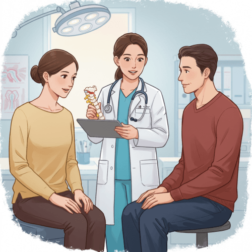 목디스크 원인 거북목 치료, 집에서 하는 관리법 6 진료실에서 의사와 환자가 목디스크에 대해 상담하는 모습의 친근한 일러스트