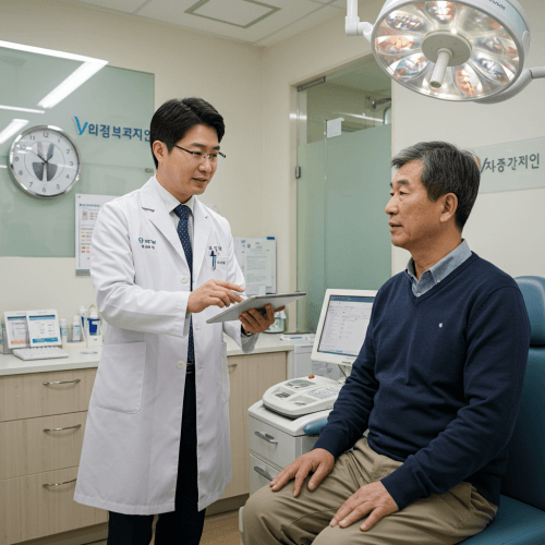 남성 전립선 건강, 지금부터 제대로 지키자! (원인부터 치료까지 완벽 가이드!) 4 비뇨의학과 의사 선생님이 환자에게 전립선 관련 치료법(약물, 수술 등)에 대해 차트나 태블릿을 보며 친절하고 전문적으로 설명하는 모습