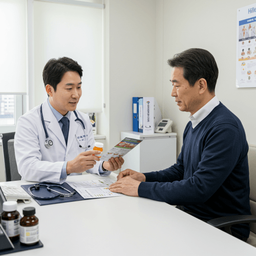우리 몸의 숨은 위험! 고지혈증, 이제는 제대로 알고 예방하자! (증상부터 치료까지 완벽 정리!) 4 의사가 환자에게 고지혈증 약물(약 통이나 약 그림)과 함께 건강한 식단, 운동 계획이 담긴 리플릿을 보여주며 친절하게 설명하는 모습