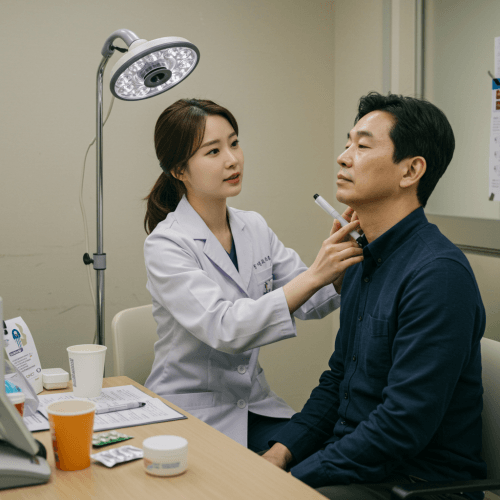 칼칼한 목감기 원인 및 치료방법, 좋은 음식, 집에서 관리법 3 진료실에서 의사가 환자의 목을 진찰하고, 옆으로는 약 봉투나 약 상자들이 놓여있는 모습