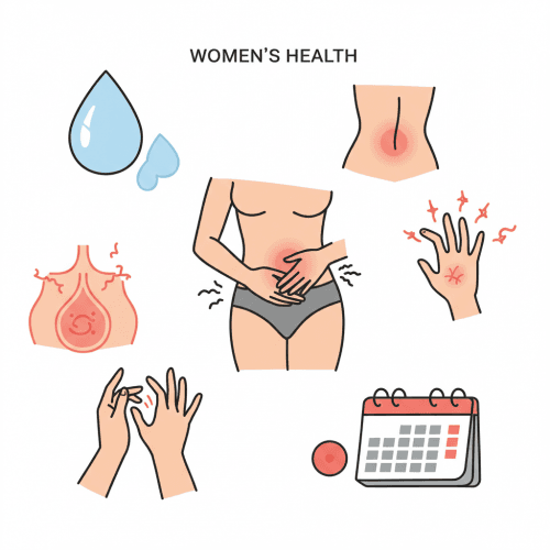 남녀 생식기 질환 원인, 치료방법, 청결 생활 습관 2 여성 건강과 관련된 다양한 증상(질 분비물, 복통, 가려움증, 생리 불순 등)을 나타내는 아이콘들이나 작은 일러스트들이 어우러진 이미지