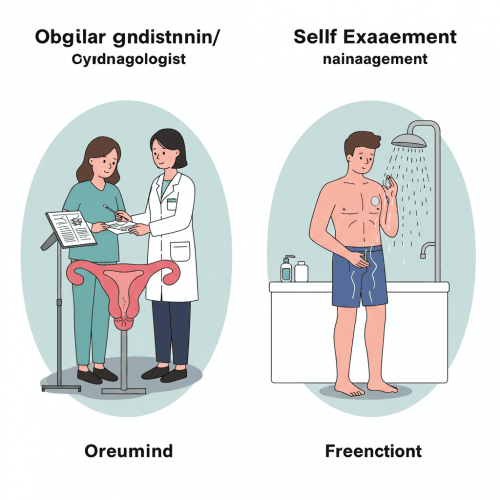 남녀 생식기 질환 원인, 치료방법, 청결 생활 습관 5 여성이 산부인과에서 정기 검진을 받거나, 남성이 스스로 고환 자가 검진을 하는 모습의 친근한 일러스트
