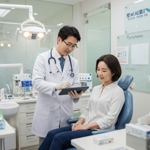 입안이 너무 아파요! 구내염 & 혓바늘, 완벽 극복 가이드! (더 이상 고통받지 마세요!) 4 치과 또는 이비인후과 의사 선생님이 구내염으로 고통받는 환자에게 약을 처방하며, 또는 치료 과정에 대해 친절하게 설명하는 모습