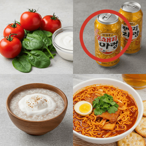 입안이 너무 아파요! 구내염 & 혓바늘, 완벽 극복 가이드! (더 이상 고통받지 마세요!) 5 구내염 환자에게 좋은 음식들(토마토, 시금치, 요거트 등)과 나쁜 음식들(매운 라면, 탄산음료, 딱딱한 과자 등)이 대비되어 있는 이미지