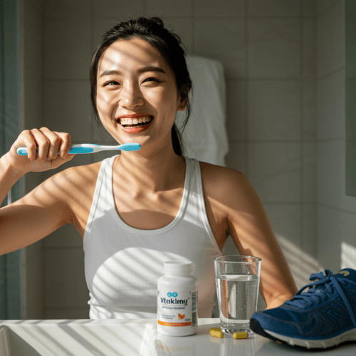 입안이 너무 아파요! 구내염 & 혓바늘, 완벽 극복 가이드! (더 이상 고통받지 마세요!) 6 활짝 웃으며 양치질하는 건강한 사람의 모습과 함께, 비타민 병, 물 한 잔, 운동화 등 건강한 생활 습관을 상징하는 요소들이 함께 배치된 콜라주 또는 조합 이미지