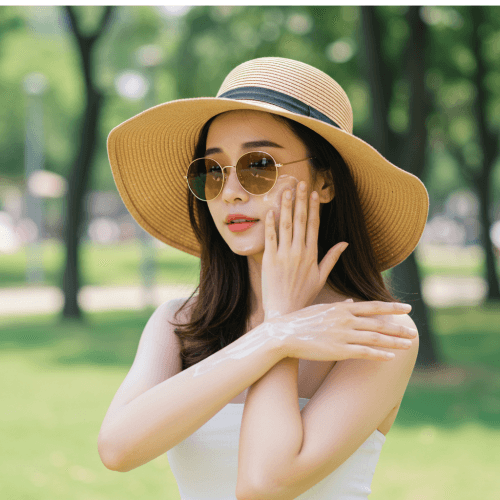 내 피부가 보내는 SOS! 피부암 증상부터 예방, 노화 방지까지 완벽 가이드! (피부 건강 지켜줄게요!) 4 햇볕이 강한 야외에서 선크림을 바르고 모자와 선글라스를 착용하여 철저하게 자외선을 차단하는 20대 중반 여성의 모습