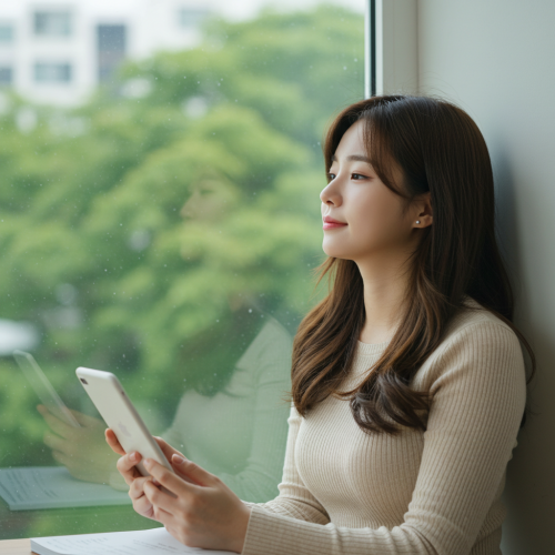 디지털 기기 눈 보호 눈 건강 완벽 가이드! (20-20-20 규칙!) 3 사무실이나 집 창밖 멀리 푸른 풍경(나무, 건물 등)을 편안하게 응시하는 젊은 여성의 모습