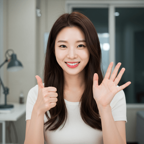 디지털 기기 눈 보호 눈 건강 완벽 가이드! (20-20-20 규칙!) 6 블로그 글을 작성한 페르소나(친근하고 애교 있는 20대 중반 여성 블로거 김다정)가 밝게 웃으며 카메라를 바라보거나, 독자들에게 손을 흔들며 마무리 인사를 하는 모습