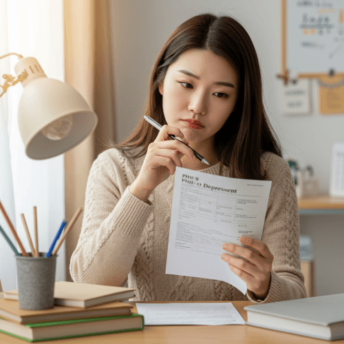 내 마음 상태, 지금 바로 체크! 우울증 PHQ-9 자가진단 완벽 가이드 (혼자 아파하지 마세요!) 3 PHQ-9 자가진단지를 들고 고민하는 여성의 모습