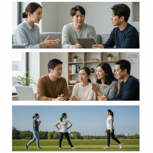 내 마음 상태, 지금 바로 체크! 우울증 PHQ-9 자가진단 완벽 가이드 (혼자 아파하지 마세요!) 6 전문가의 도움(상담), 주변의 지지(친구/가족), 그리고 건강한 생활 습관(운동, 명상) 등 우울증 극복을 위한 다양한 노력을 콜라주 형태로 보여주는 이미지