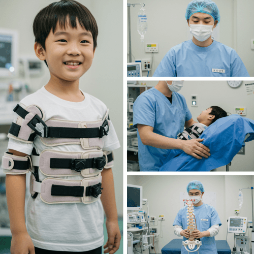 우리 아이, 내 척추는 괜찮을까? 어린이 & 어른 척추측만증 완벽 예방 & 치료 가이드! 5 척추측만증 환자가 보조기를 착용하고 있거나, 물리치료를 받는 모습, 또는 척추 수술에 사용되는 깨끗하고 정교한 의료 도구들이 있는 이미지를 보여주는 사진