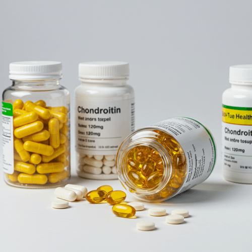 콘드로이친 하루 1,200mg 관절질환 예방! (효능부터 음식 섭취 꿀팁까지!) 4 다양한 형태의 콘드로이친 건강기능식품 (캡슐, 정제)이 투명한 통에 담겨있는 이미지