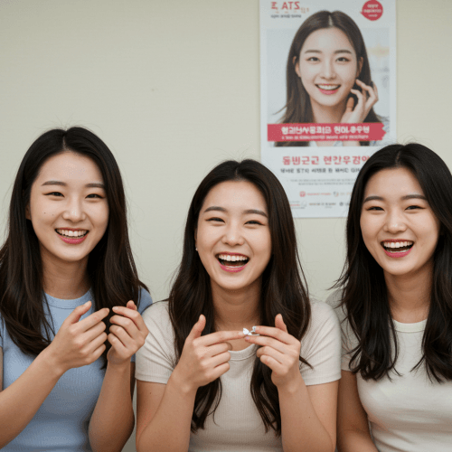 HPV 국가예방접종 (자궁경부암 예방) 2회 무료접종 3 '건강여성 첫걸음 클리닉' 포스터와 함께 밝게 웃는 10대 후반~20대 초반 여성 청소년들의 모습
