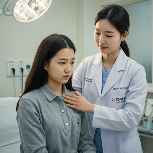 한국의 여성 의사가 중학생 여자 아이의 어깨에 손을 올리고 아픈지 물어보는 사진