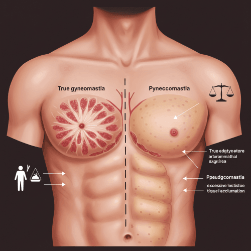 남자 가슴, 여유증 원인부터 수술, 운동 꿀팁까지! 2 성 가슴의 단면을 의료 일러스트로 보여주면서, 유선 조직이 과도하게 발달한 '진성 여유증'과 지방이 축적된 '가성 여유증'의 차이를 시각적으로 명확하게 구분해주는 이미지