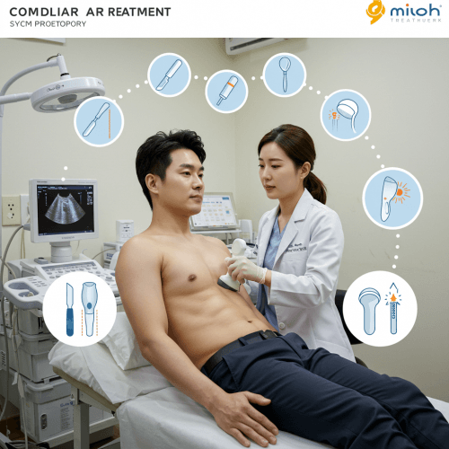 남자 가슴, 여유증 원인부터 수술, 운동 꿀팁까지! 3 남성 환자가 상의를 탈의하고 의사에게 가슴 초음파 검사를 받는 모습을 중앙에 배치하고, 주변에 유선 절제술, 지방 흡입 등 다양한 치료 방법을 간략하게 보여주는 아이콘들을 콜라주 형식으로 담은 이미지