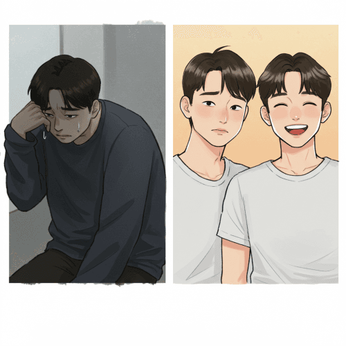 남자 가슴, 여유증 원인부터 수술, 운동 꿀팁까지! 5 서로 다른 두 장면이 병치된 일러스트. 왼쪽은 어깨를 움츠리고 고민하는 듯한 남성 두 명이 서로에게 털어놓는 듯한 약간 어두운 분위기