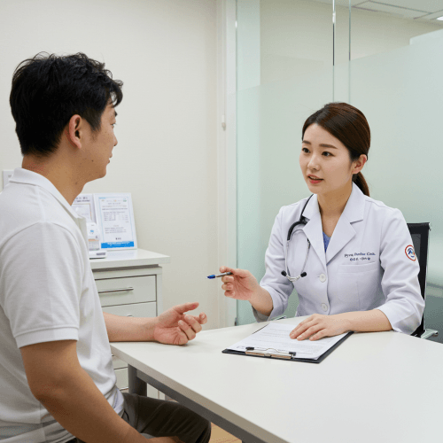 남자 가슴, 여유증 원인부터 수술, 운동 꿀팁까지! 6 진료실에서 의사와 남성 환자가 여유증 수술 또는 치료 후 관리에 대해 편안하게 상담하는 모습