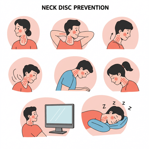 목디스크 원인 거북목 치료, 집에서 하는 관리법 4 목디스크 예방과 관리에 도움이 되는 운동 (턱 당기기 운동, 목 스트레칭)과 올바른 생활 습관 (올바른 컴퓨터 자세, 적절한 베개를 베고 자는 모습)을 나타내는 다양한 활동들이 어우러진 밝고 활기찬 이미지