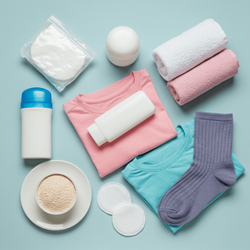 다한증 원인과 증상 및 양방/한방 치료방법, 생활 4 땀을 관리하고 청결을 유지하는 데 도움이 되는 다양한 생활 용품들이 함께 놓여있는 모습