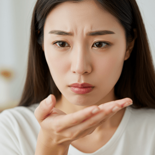 입 냄새 심한 원인 확실한 치료 및 해결 방법 6 입 냄새 자가 진단을 위해 손목에 숨을 내쉬어 냄새를 맡아보는 사람의 클로즈업 손과 얼굴