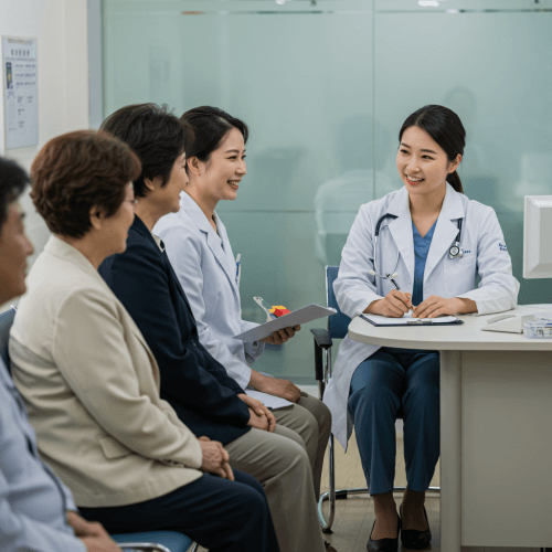 대장암, 원인부터 검사, 치료, 그리고 예방 5 건강검진 센터에서 환자들이 순서를 기다리거나, 의사와 편안하게 상담하는 모습