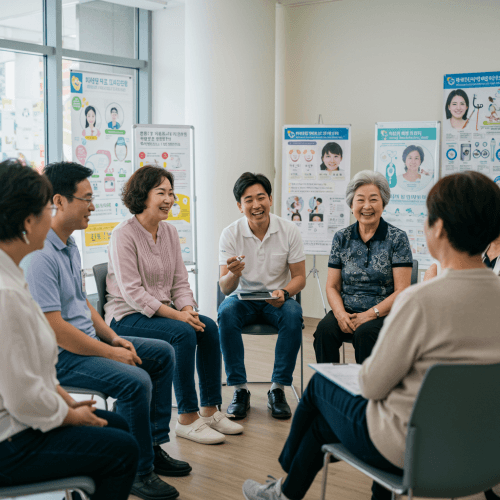 당뇨 합병증, 미리 알고 똑똑하게 대처하는 방법 6 다양한 연령대의 사람들이 (예: 중년 여성, 젊은 남성, 노년 부부 등) 모여 당뇨 관리 교육을 받거나, 서로 건강 관련 대화를 나누는 모습