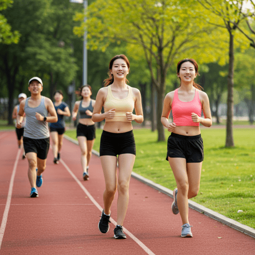 뇌졸중(뇌경색, 뇌출혈) 원인 및 치료방법, 예방법 2 밝은 햇살이 비치는 푸른 공원이나 잘 정돈된 트랙에서 다양한 연령대의 건강한 사람들이 활기차게 조깅하거나 걷기 운동을 하는 모습