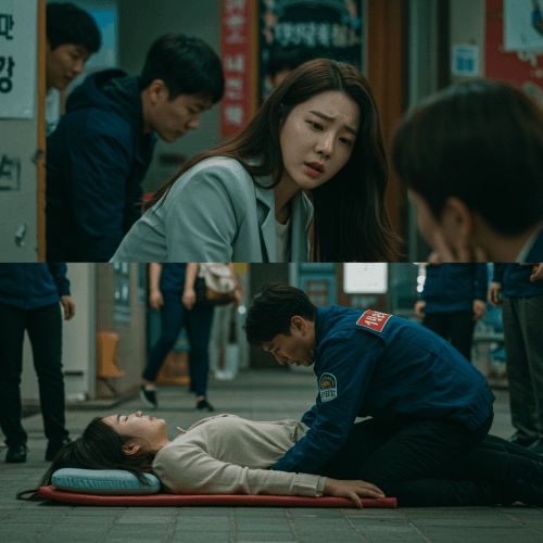 뇌졸중 쓰러졌을 때, 생명을 살리는 응급처치 & 골든타임 대처법 3 갑자기 쓰러진 뇌졸중 환자를 발견한 주변 사람이 침착하게 119에 전화하며, 동시에 환자를 안전한 자세(고개를 옆으로 돌려 눕히는 등)로 유지시키는 장면