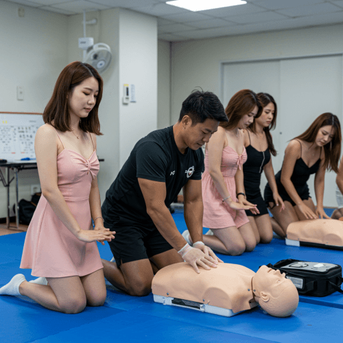 뇌졸중 쓰러졌을 때, 생명을 살리는 응급처치 & 골든타임 대처법 5 여러 명의 시민들이 응급처치 강사에게 뇌졸중 등 응급상황 대처 방법에 대해 교육을 받고 실습하는 모습