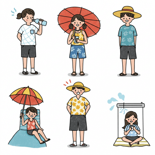 여름철 온열질환: 일사병·열사병 응급처치와 완벽 예방법 5 물 마시는 사람, 시원한 옷을 입은 사람, 양산이나 모자를 쓴 사람, 그늘에서 쉬는 사람 등 온열질환 예방을 위한 다양한 행동들을 아기자기한 일러스트로 표현한 이미지