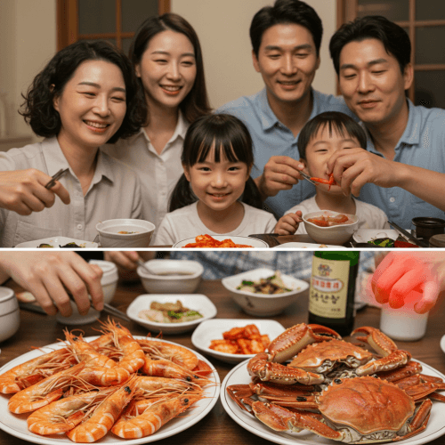 밝고 따뜻한 조명 아래서 한 가족이나 친구들이 식탁에 앉아 맛있게 갑각류(새우, 게 등) 요리를 즐기고 있는 모습