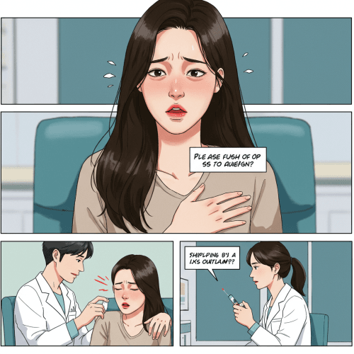 한 사람이 심한 알레르기 증상(호흡곤란, 얼굴 부종 등)을 겪고 있는 급박한 상황을 표현