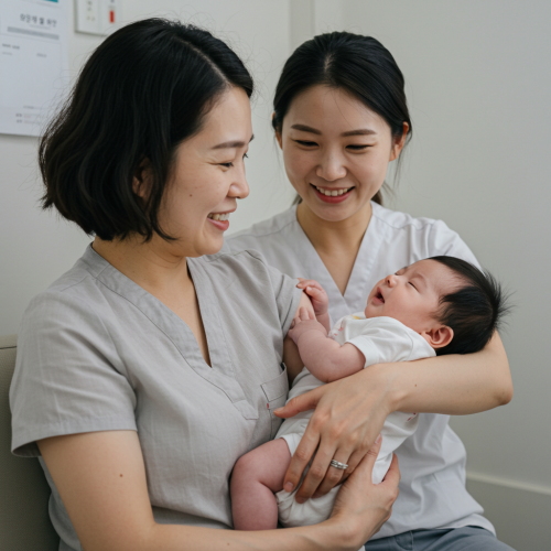 예방접종을 마친 아기가 엄마나 아빠 품에 안겨 편안하고 행복하게 미소 짓는 모습