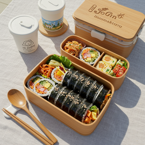 알록달록한 재료로 예쁘게 말린 김밥과 다양한 반찬으로 구성된 도시락이 소풍 바구니나 식탁 위에 놓여 있는 모습