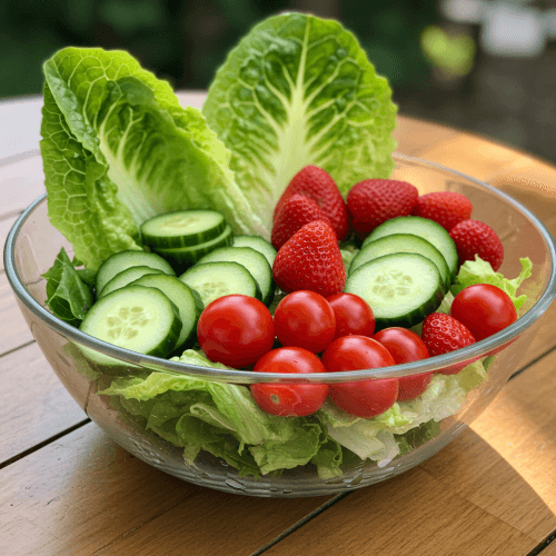 로메인 상추, 체리 토마토, 오이, 딸기 등 신선하고 다채로운 야채와 과일이 큰 유리 샐러드 볼에 먹음직스럽게 담겨 있는 모습