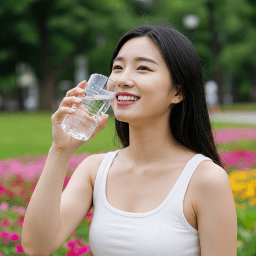 건강해 보이는 사람이 물을 마시며 상쾌한 표정을 짓고 있는 모습