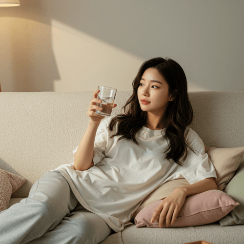 물 한 잔과 편안하게 휴식을 취하는 사람