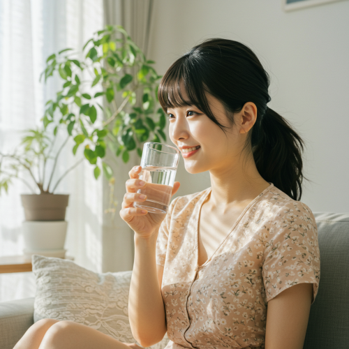 물 한 잔과 편안하게 휴식을 취하는 사람