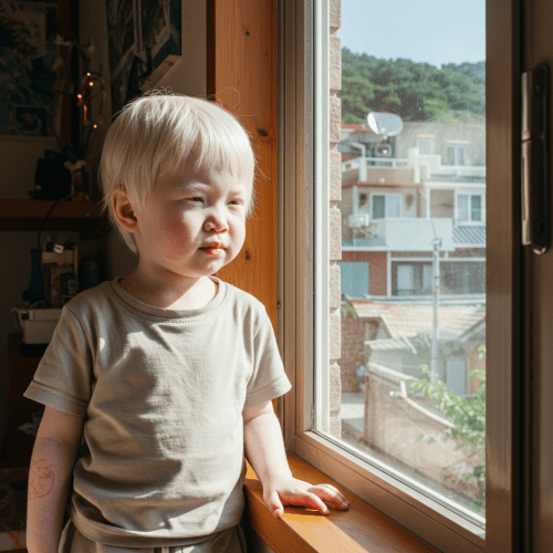 창가에 서서 눈부신 듯 눈을 찡그리는 백색증 아이