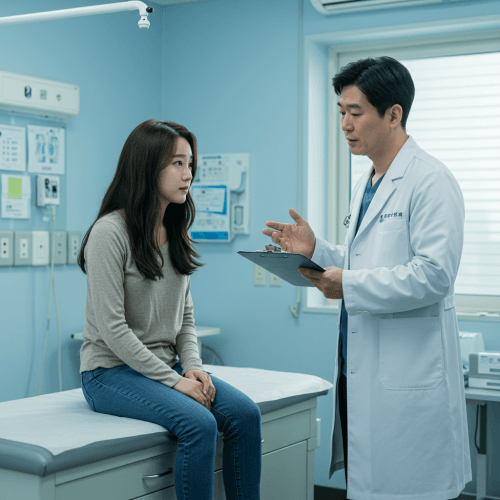 병원 진료실에서 의사와 상담하는 환자 모습