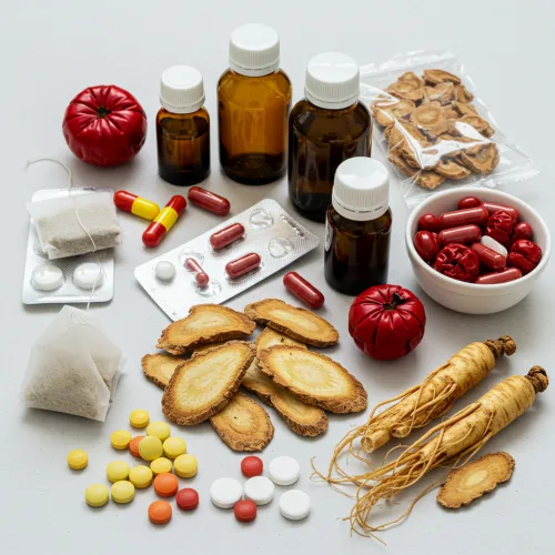 홍삼 섭취 피해야 할 사람, 이런 분들은 꼭 조심 2 다양한 종류의 약과 홍삼 제품이 함께 놓여 있는 이미지