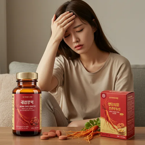 홍삼 섭취 피해야 할 사람, 이런 분들은 꼭 조심 4 열이 나는 듯 이마에 손을 짚고 있는 사람 옆에 홍삼 제품이 놓여 있는 이미지